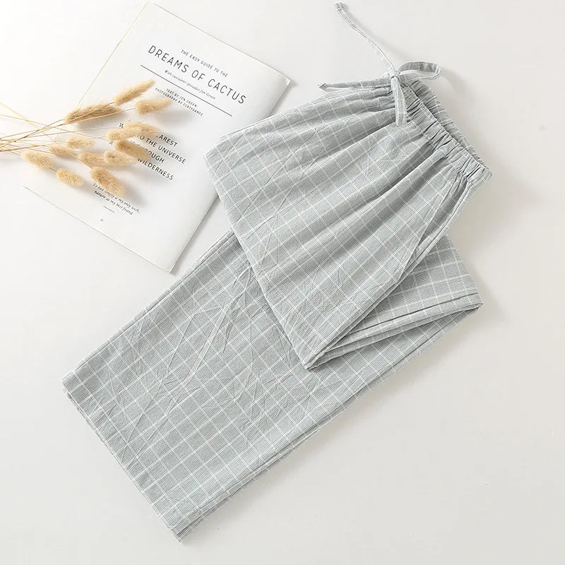Plus Size Japanese Minimalist Checked Women Pajamas Trousers Women Soft Home Pants Loose Casual Pants Elastic Waist Home Pants