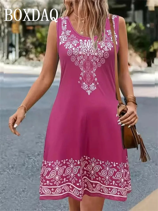 Ethnic Style Pattern Women's Dress For Summer 2025 Plus Size Sleeveless Loose Sundress Casual Vintage Vest 3D Print Mini Dresses