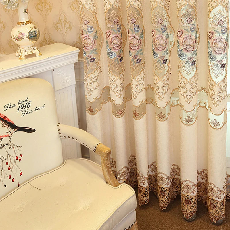 Luxurious Beige Peony Embroidery Curtains for Living Room Semi-Blackout Curtains for Bedroom Villa Hotel Decoration M258#40