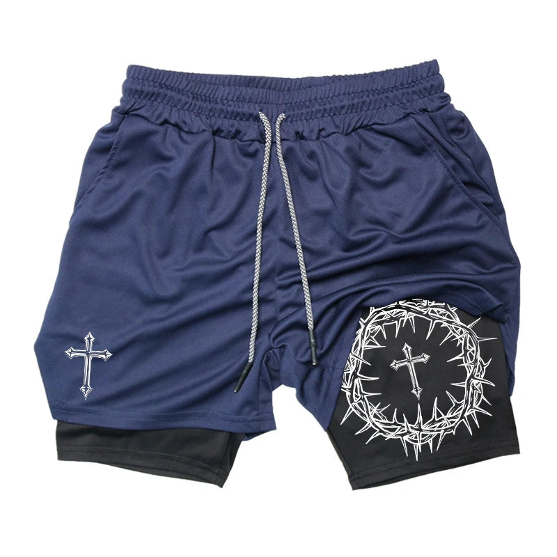 Cross Print 2 in 1 Workout Running Shorts for Men Christian Gym Performance Shorts with Phone Pocket Towel Loop Athletic Outfits