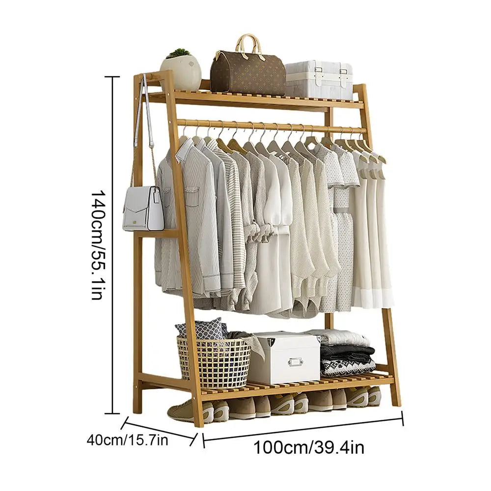 Wooden Garment Coat Clothes Hanging Heavy Duty Rack with top shelf and 2-tier Shoe Clothing Storage Organizer Shelves