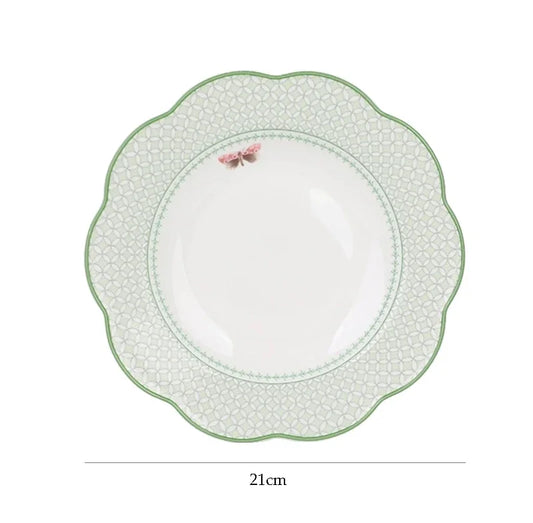Ceramic Plate Household Bone China Dinner Plate Set Vintage Green Flower Dishes Tableware Oval Large Tray Dinnerware Sets