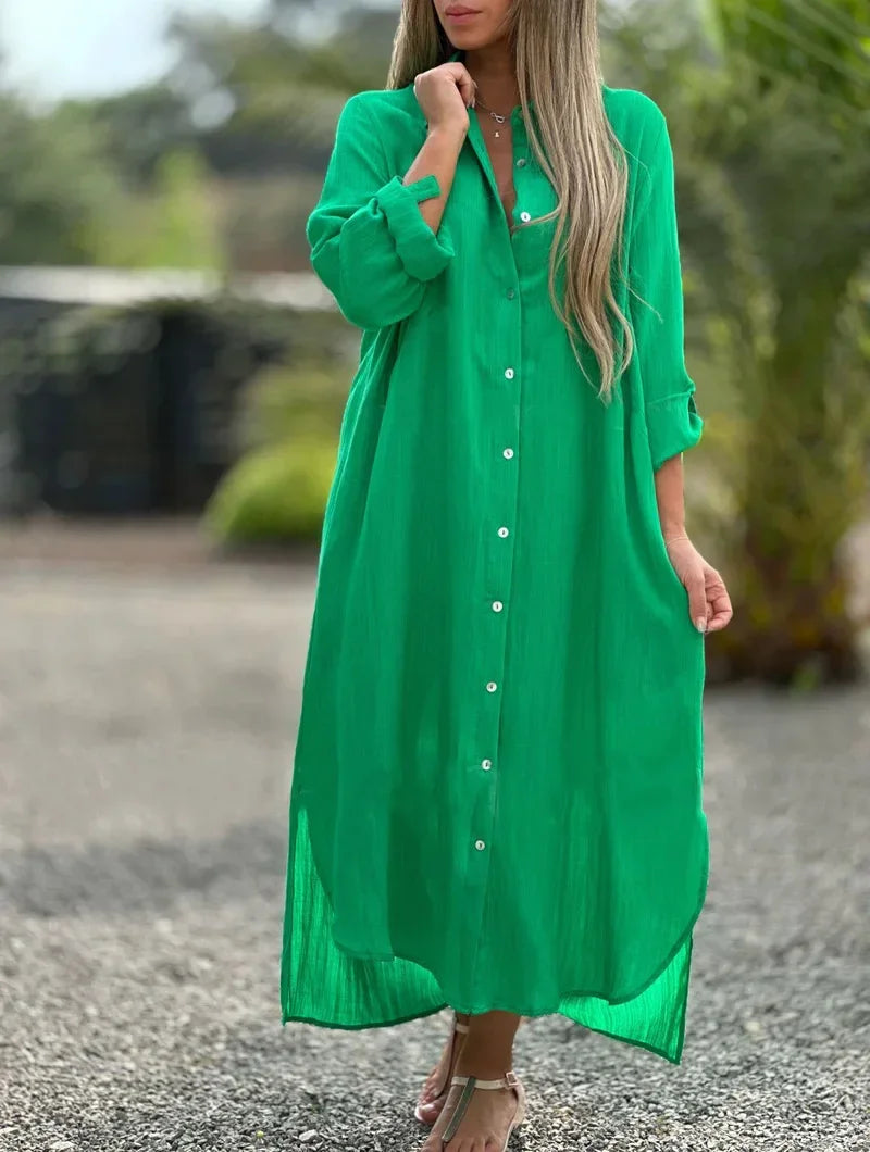 Vestido longo de algodão e cânhamo feminino, camisa elegante, manga longa casual, estilo praia, plus size, verão, novo