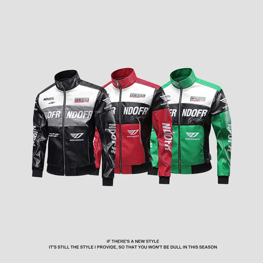 Chaqueta de cuero para motocicleta, chaqueta de cuero para hombre, chaqueta de traje de carreras en contraste, estilo de pareja de temporada de marca de moda, corte holgado