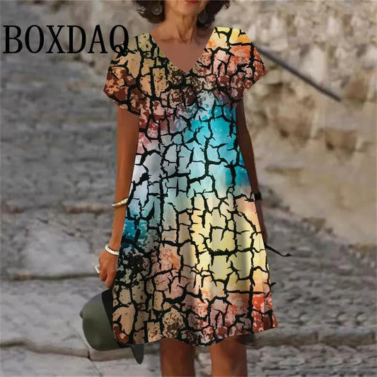 Women Splash-Ink Dresses For Summer 2025 New Plus Size Fashion V-Neck Short Sleeve Loose Dress Casual Vintage 3D Print Dress 6XL