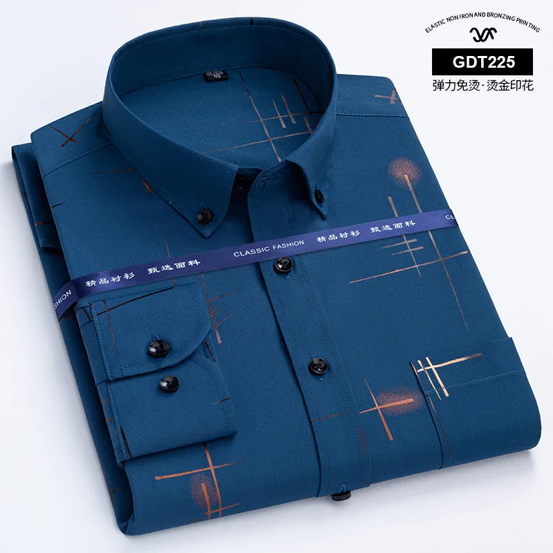 Camisas de vestir para hombre, de última generación, para primavera y otoño, antiarrugas, informales, de negocios, con estampado fino a cuadros, suaves y ajustadas.