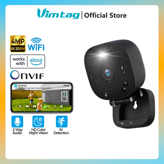 VIMTAG-minicámara para exteriores, WiFi, 4MP, resistente al agua, visión nocturna en Color, Audio bidireccional, detección IA, cámara de seguridad, vigilancia IP con Alexa