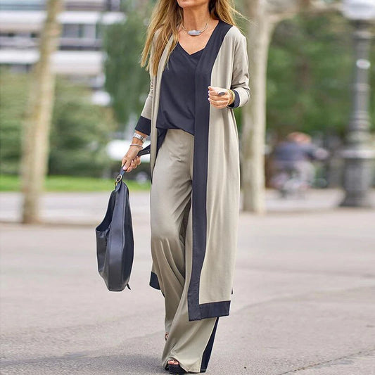 Conjunto informal de tres piezas para mujer, traje de oficina con cuello en V y pantalones rectos, estilo urbano, para primavera y otoño