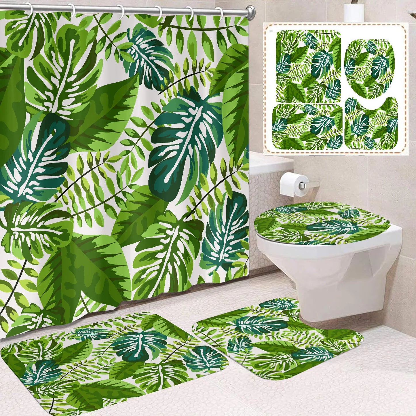 VIKAMA Tropical Plant Leaves Shower Curtain Set Monstera Print Pattern Green Palm Leaf Home Decor Bath Mat Toilet Lid Cover
