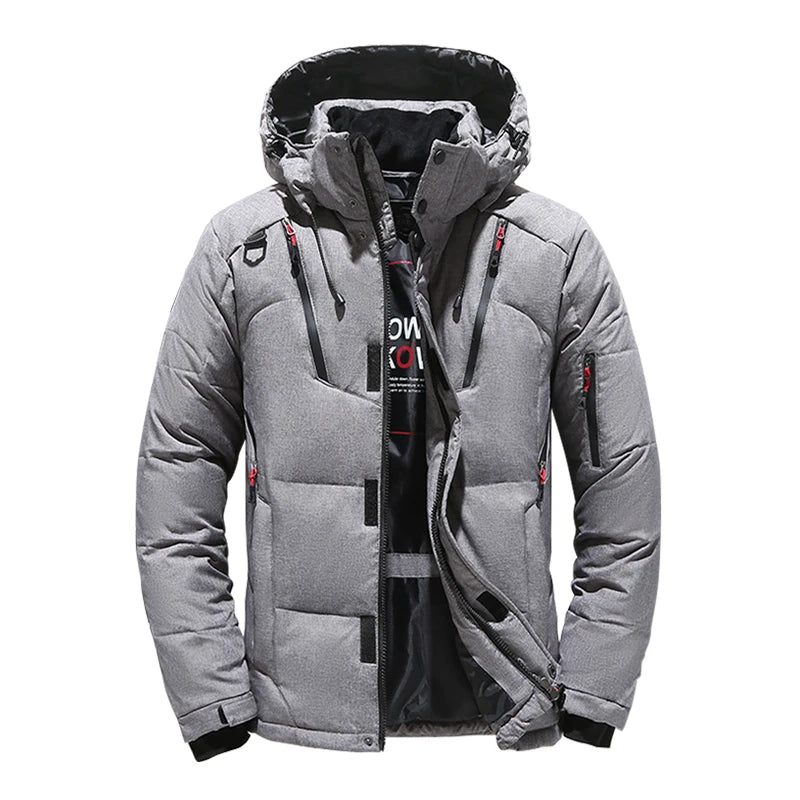 Chaqueta de plumón para hombre, abrigo de invierno de pato blanco, parka cálida y resistente al viento, para viajes y acampadas, nueva, gruesa, de color sólido, con capucha.