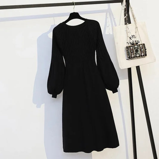 Vestido de talla grande para cubrir la barriga, largo medio a largo, suéter de punto, falda larga sencilla y versátil, otoño e invierno.