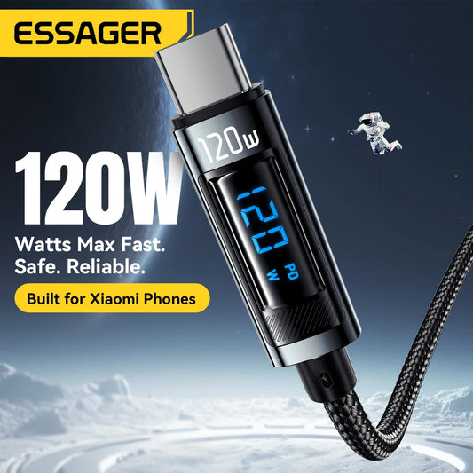 Essager 120W USB Type C Cable Fast Charging USB C Charger Cord For For iPhone 15 14 13 12 Huawei With Led Digital Display Cable