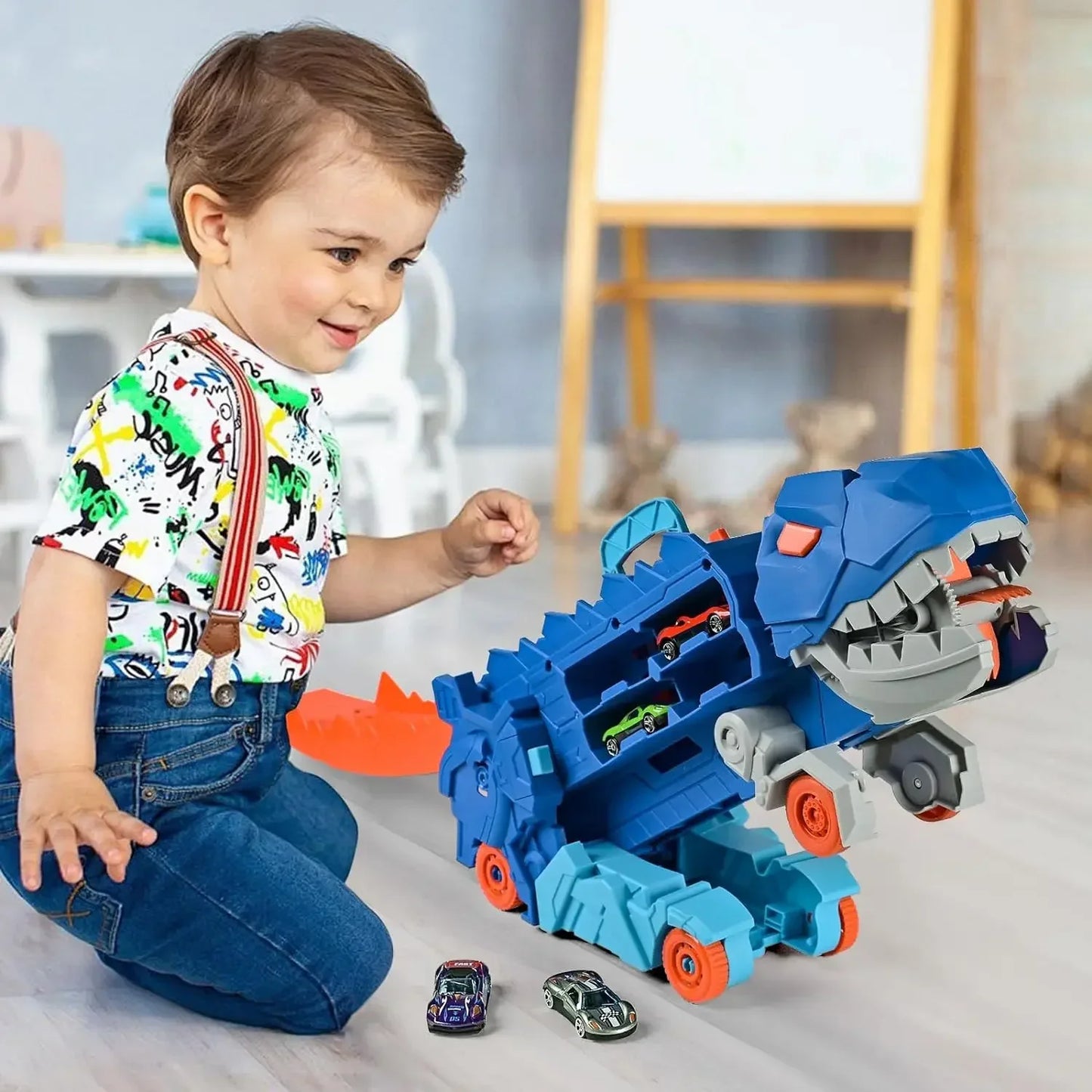Transport Dinosaur Truck with Foldable Sliding Race Track Transforms into Standing T-rex Best Birthday Gifts Toys Boys Girls