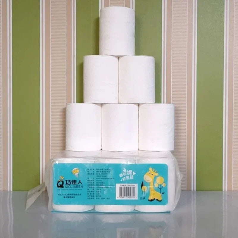 6 rollos de papel higiénico blanco de pulpa de madera virgen, 5 capas, suave, cómodo, sin núcleo, desechable.