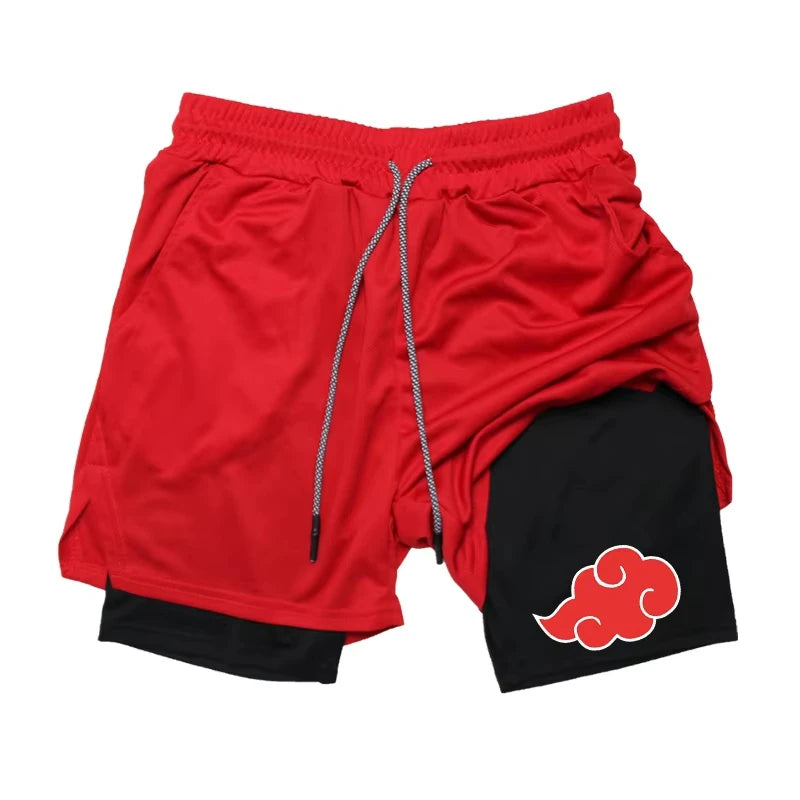 2 in 1 Performance Shorts Athletic Compression Shorts with Towel Loop Pockets Gym Workout Fitness Running Anime Print RL00107