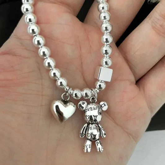 Nuevas pulseras de acero inoxidable para mujer, accesorios de moda con cuentas, pulsera con colgante de oso y corazón, joyería de fiesta de tendencia.