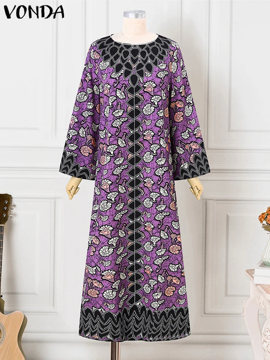 Plus Size VONDA Bohemian Dress 2025 Elegant Women Printing Sundress Vintage Flare Long Sleeve Maxi Vestidos O-Neck Robe Femme