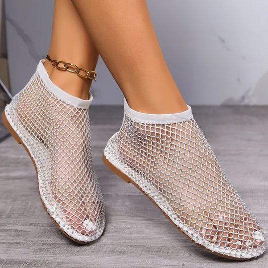 2024 Summer Women's New Round Toe Flat Bottom Sandals Hollow Short Boots Water Diamond Sexy Flat Bottom Fashion Banquet Slippers