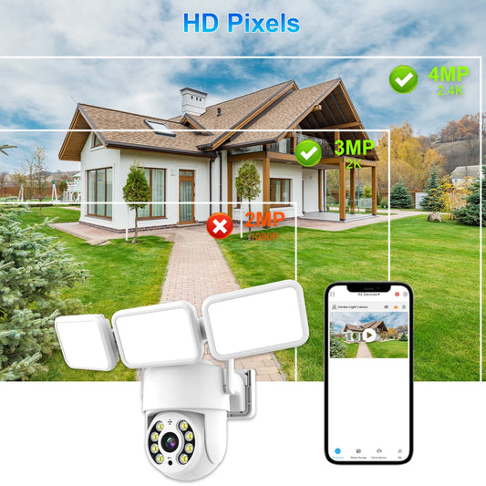 4MP Floodlight Camera Wifi PTZ Outdoor AI Humanoid Tracking Night Vision Cameras CCTV Smart Home Security Protection Icsee App