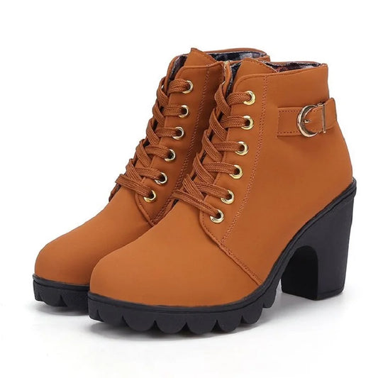 Botas de tacón alto de PU para mujer, zapatos europeos con cordones de alta calidad, entrega rápida, primavera e invierno, 2023