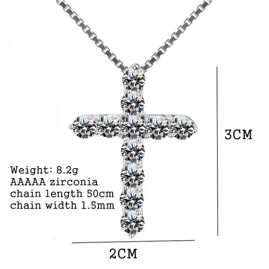 925 Colar de Prata Esterlina para Homens e Mulheres, Corrente Caixa, Cristal Brilhante, Clássico Pingente Cruz, Joias Da Moda, 16-24 Polegadas