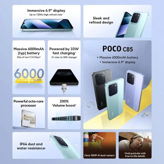 Global Version POCO C85 Smartphone 50MP Al Dual Camera 6.9" Dot Drop Display 6000mAh Large Battery 33W Fast Charging