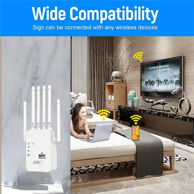 Repetidor WiFi inalámbrico de 1200 Mbps, extensor WiFi, amplificador de red 2.4G/5G, cobertura total de 360° para oficinas pequeñas.