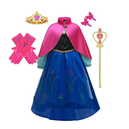 Disney Frozen Princess Anna Dress with Fuchsia Cape Girls Snow Queen Elsa's Sister Costume Play Toddler Carnival Royal Frocks