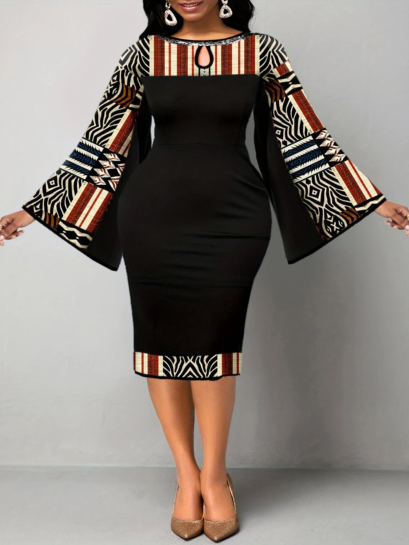 Tamanho grande vestido elegante, tamanho grande, impressão geométrica, gola redonda, mangas queimadas, slim fit elegante, slim fit, elegante