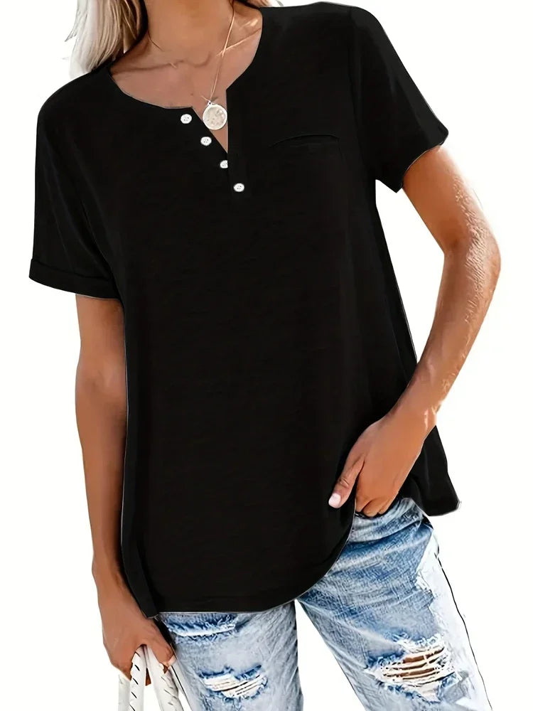 Plus size 1xl-8xl feminino solto topos senhoras casual com decote em v manga curta bolso camiseta primavera e verão novo estilo