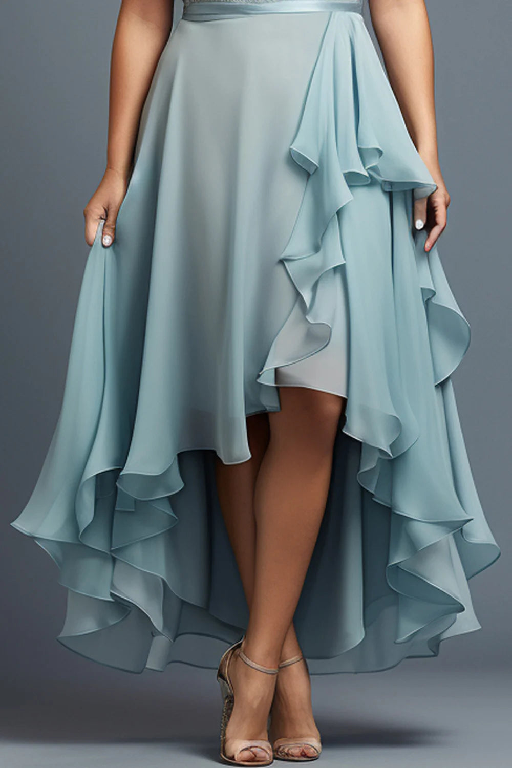 Vestido largo Flycurvy de talla grande para invitada de boda, de gasa azul claro, con encaje y dobladillo alto y bajo escalonado