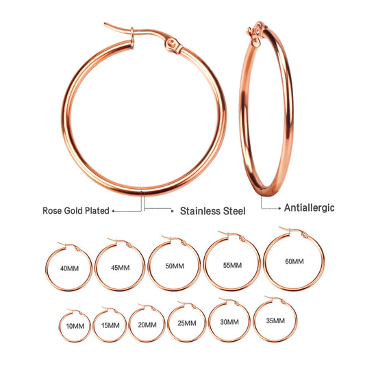 Luxusteel 10mm-65mm clássico aros de aço inoxidável para mulheres meninas cor ouro rosa grande círculo redondo brincos sem desbotamento anti-alergia