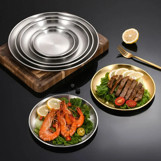 4Pcs Stainless Steel Round Plate Bone Spitting Dish Shallow Tray Metal Camping Plate Dining Disc BBQ Picnic Dishes Cookware