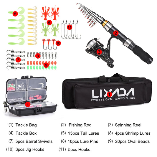 Lixada - Kit completo de caña de pescar telescópica y carrete de 2,1 m y 2,3 m, caña de pescar de fibra de carbono, carrete giratorio, bolsa de pesca, estuche y equipo de pesca