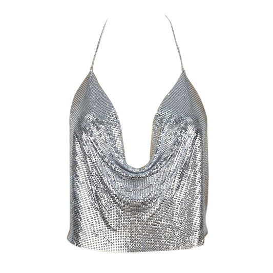 ClubWear Camis for Female Streetwear Y2k Women's Crop Top Sling Metal Sequins Backless Blouse Cushion Belt Adjustable Halter Top