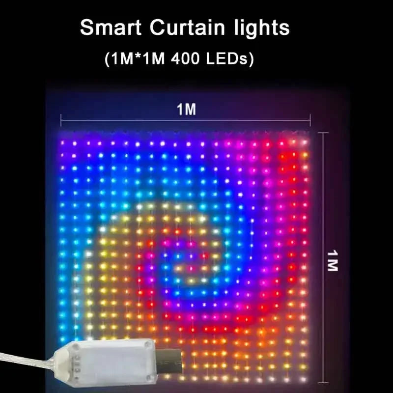 Cortina de luces inteligentes de 400 LED con Bluetooth y aplicación, cadena de luces LED RGB, luces de hadas DIY con cambio de música para decoración de ventanas y dormitorios.