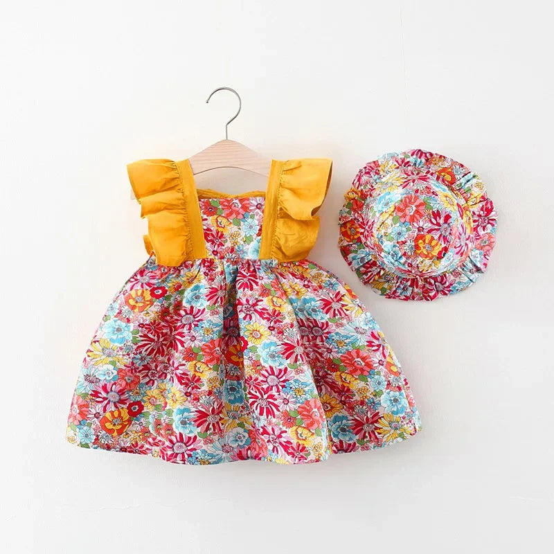 Vestido de verano para niña con tirantes y flores fragmentadas, sin mangas, de princesa, para recién nacida de 0 a 3 años, incluye gorro.