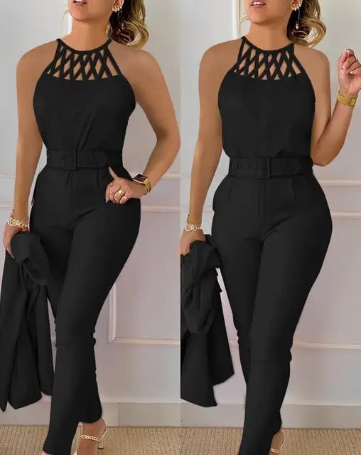 Conjunto diário de calças feminino oco com gola redonda sem mangas regata e bolso casual, roupa fashion, verão, 2 peças, 2024