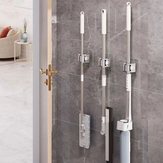 4pcs Wall Mounted Plastic Hanging Mop Storage Rack Punch-Free Clip Hook Space Saving for Broom and Mop Storage