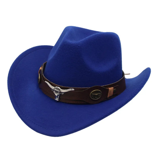 Classic Cattleman Cowboy Hat Retro Bull Head Studded Leather Band Felt Hat Unisex Western Party Cosplay Hat Wide Brim Fedora