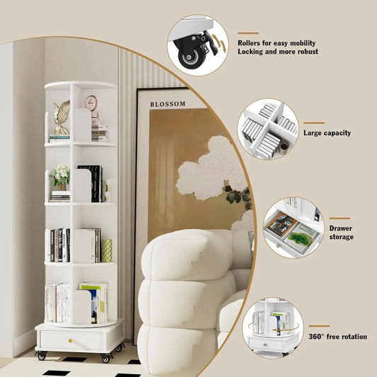 Wooden 4-layer Corner Bookshelf Can Rotating Movable Bookshelf With Single Drawer/Wheels/Storage Shelf For Study/Bedroom/Home