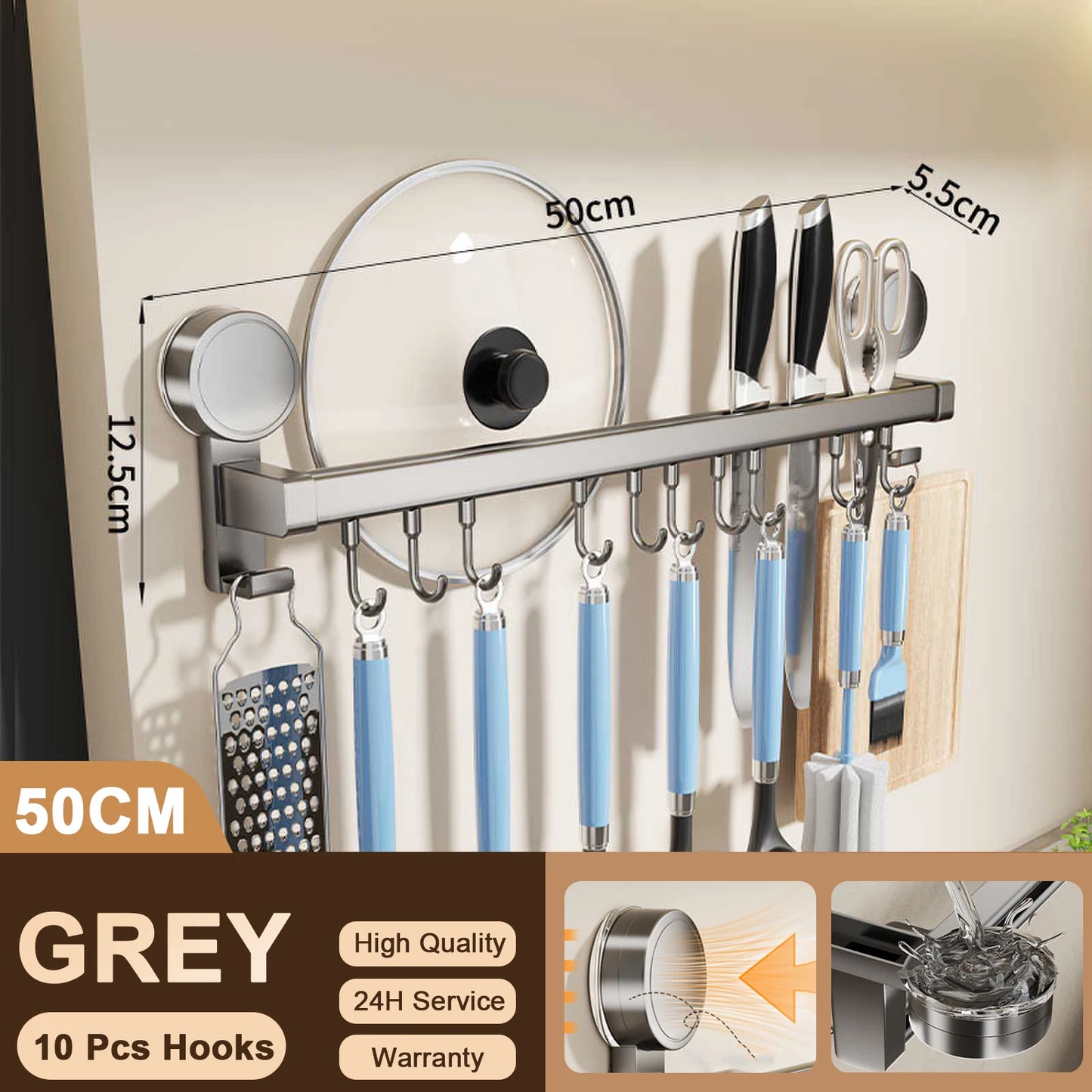 Perchero de cocina de pared con ganchos, sin necesidad de perforar, para colgar utensilios de cocina, cucharas, palas y tablas de cortar.