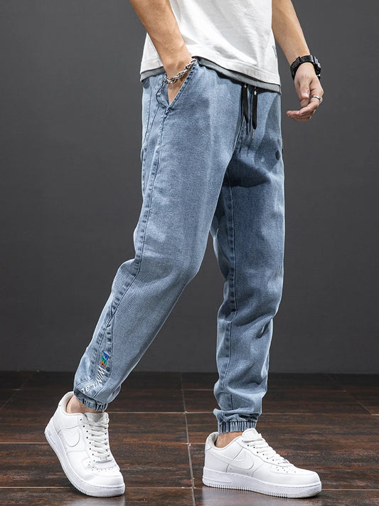 Pantalones vaqueros cargo negros y azules para hombre, ropa de calle, pantalones jogger holgados tipo harén, de talla grande, para primavera y verano