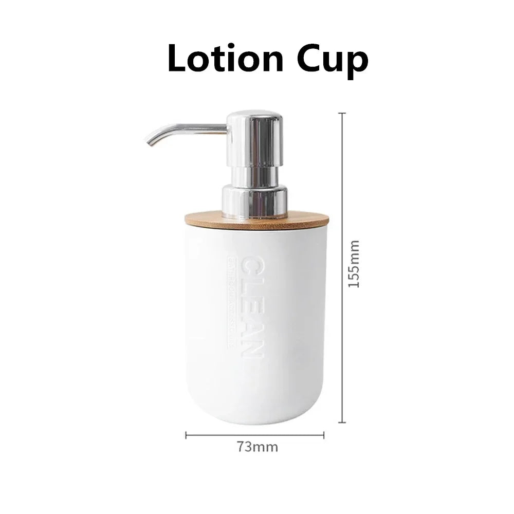 Juego de accesorios de baño, dispensador de loción y jabón de diseño, soporte para cepillo de dientes, jabonera, vaso o botella de madera, taza, negro, blanco y gris.