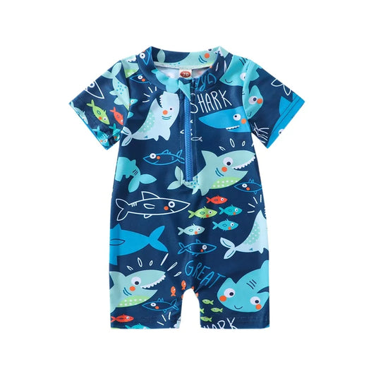 Traje de baño para bebé recién nacido, niño pequeño, con gorro, estampado de árbol de dibujos animados, manga corta, cuello redondo, media cremallera, mono de baño
