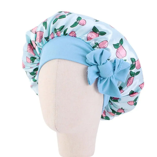 Gorro de dormir de satén para niños, gorro de ducha de seda para el cabello, gorro de dormir de noche para niños y niñas, gorro de dormir de seda con estampado de flores y lazo.