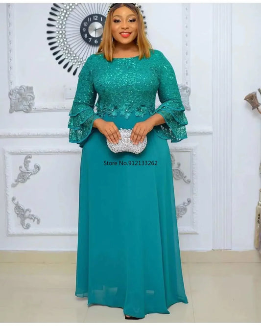 Vestidos africanos de talla L a 3XL para mujer, primavera y otoño, vestido largo de poliéster de color liso con mangas tres cuartos para mujer africana