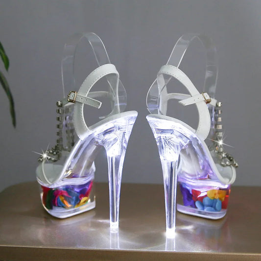 LTARTA Zapatos de Mujer Stiletto Club Nocturno 15cm Tacones Altos Sandalias de Diamantes de Imitación Flor Raíz Suela de Cristal Serie 190 Plataforma de 5cm LFD