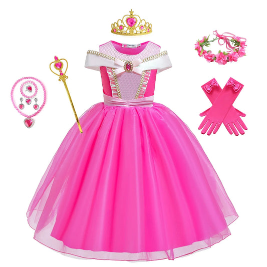 Girl Pink Dress Aurora Cosplay Costume Princess Deluxe Outfit Children Summer Brthday Party Elegant Gown Fairy Disguise Sets