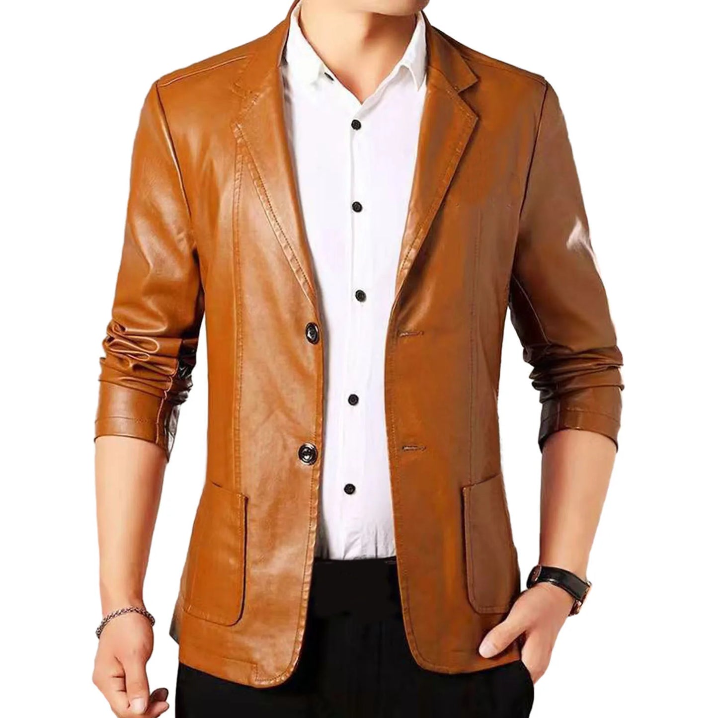 Men Jacket with Button Decoration Stylish Lapel Collar Men's Jacket with Button Cuffs Pocket Faux for Outdoor for Extended